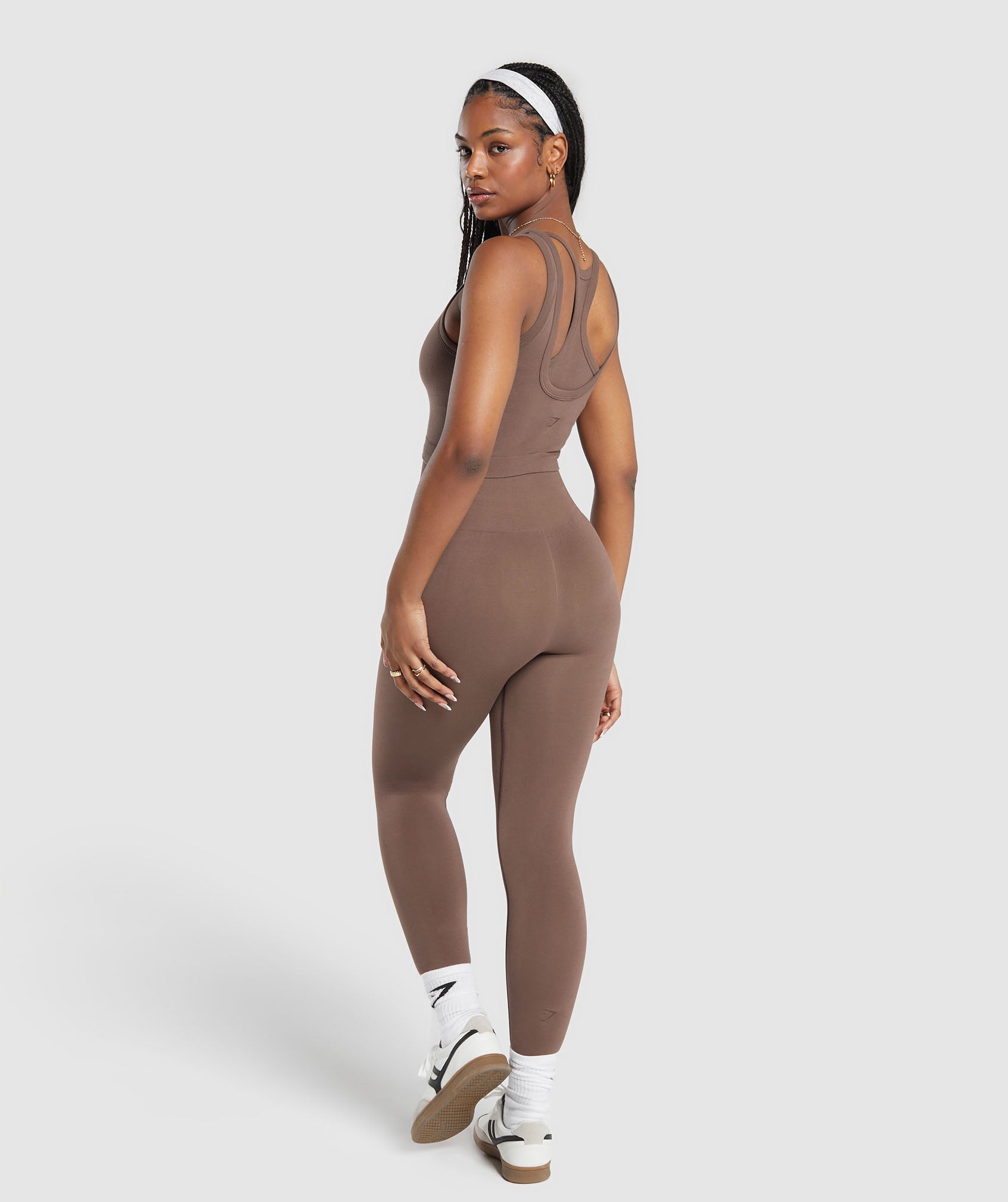 Ribbed Cotton Seamless Body Fit Tank in Soft Brown - view 4