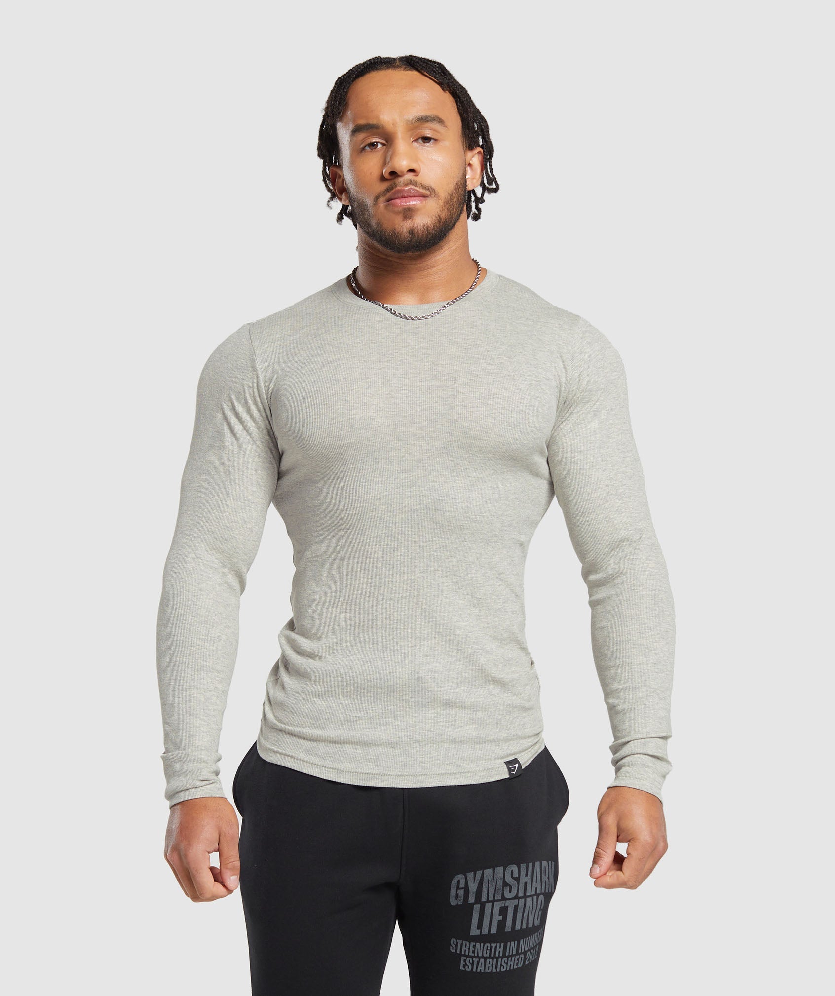 Ribbed Long Sleeve T-Shirt in Stone Grey Marl - view 1