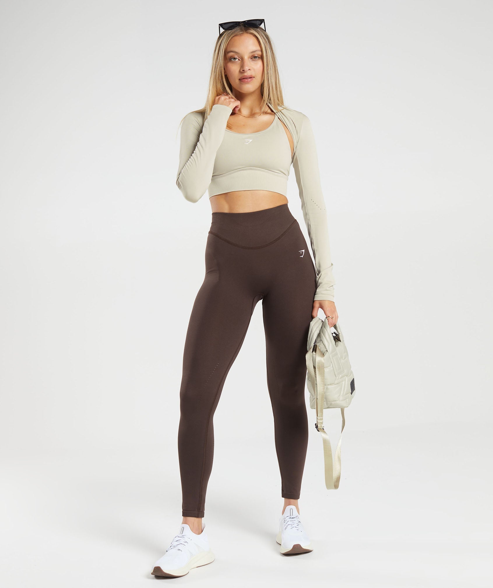 Sweat Seamless Long Sleeve Crop Top in Washed Stone Brown - view 4