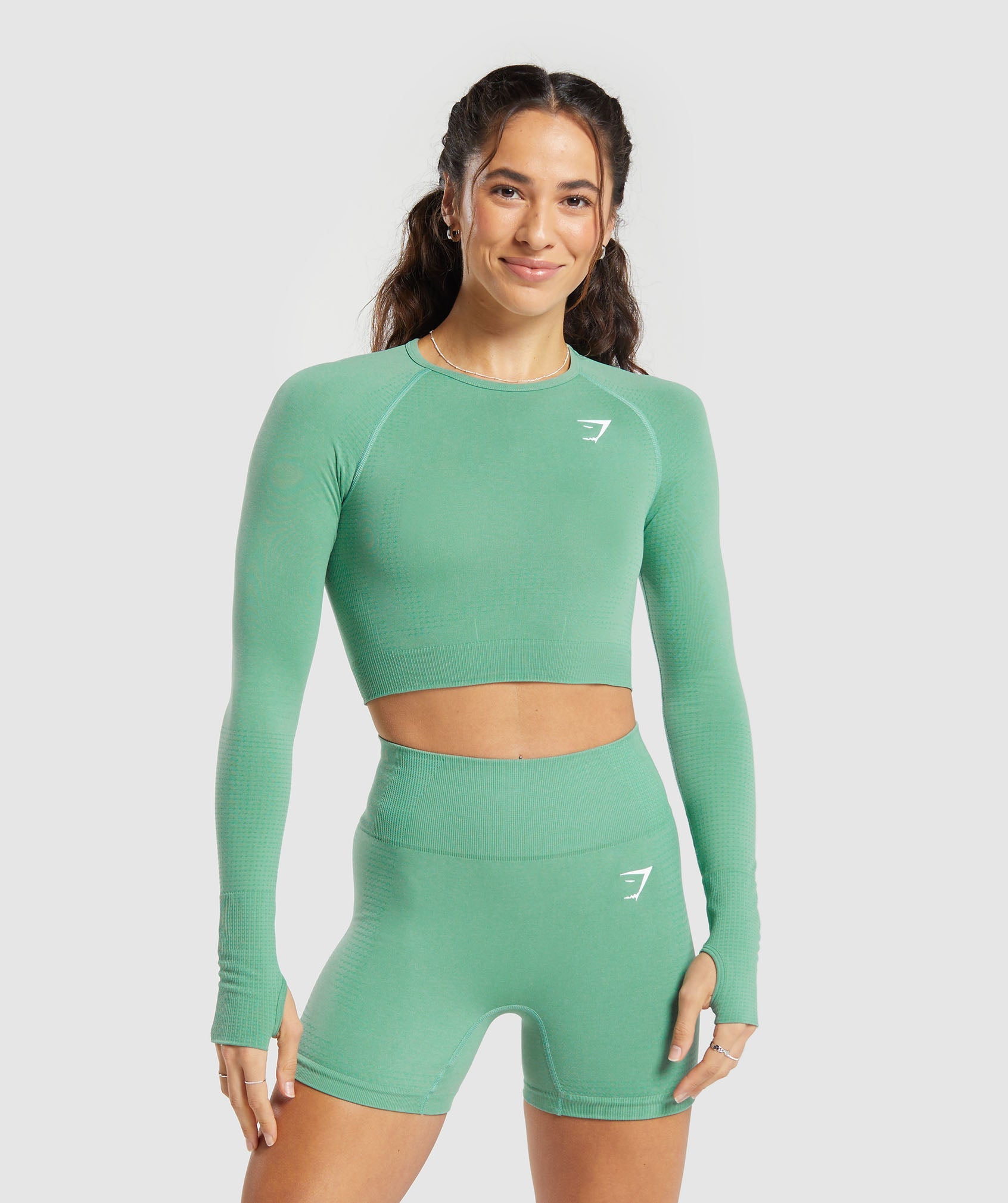 Vital Seamless 2.0 Long Sleeve Crop Top in Lagoon Green/ Marl