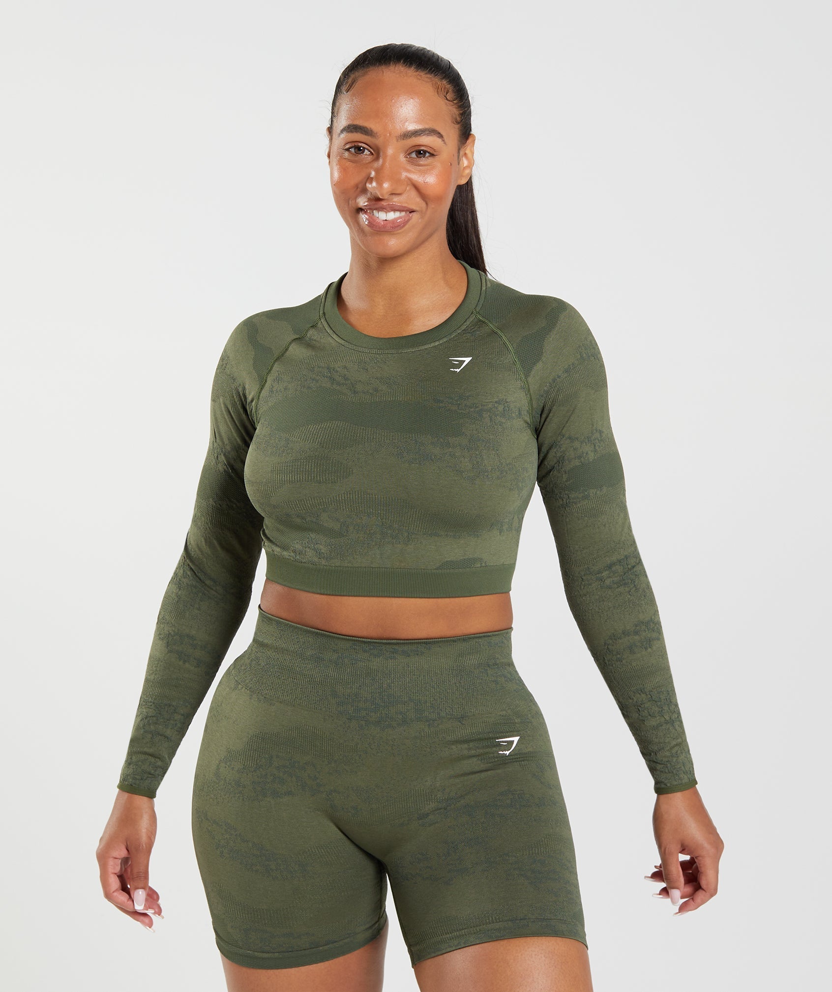 Adapt Camo Seamless Lace Up Back Top in Moss Olive/Core Olive - view 2