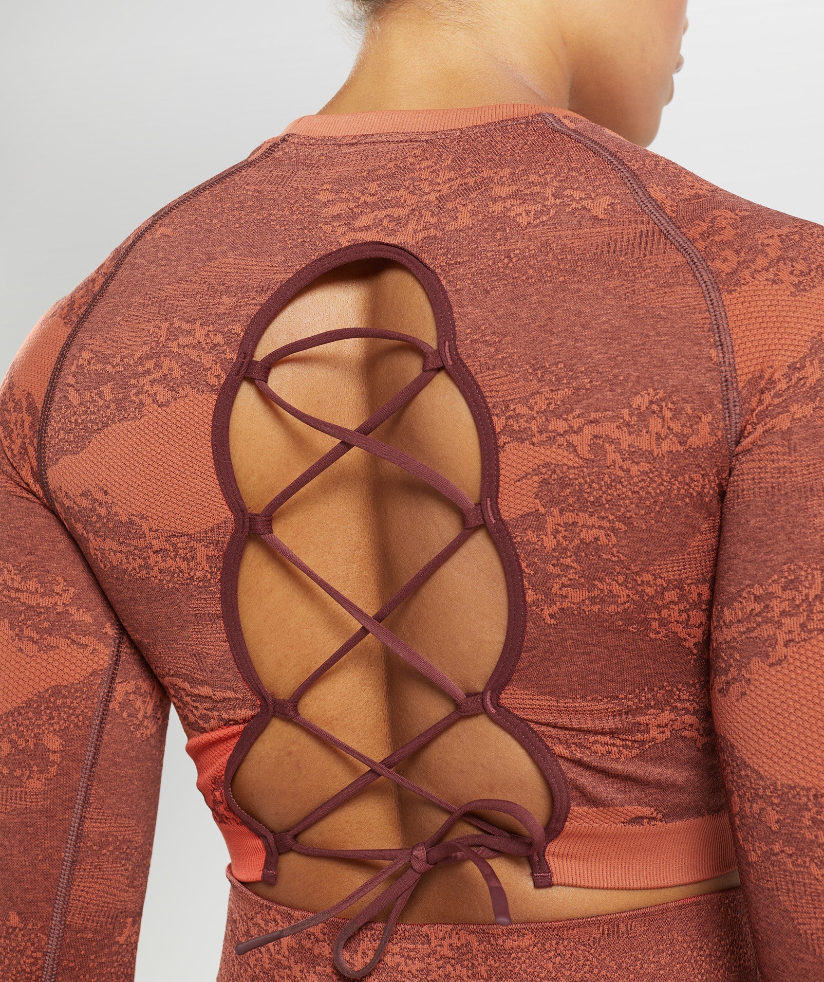 Adapt Camo Seamless Lace Up Back Top in Storm Red/Cherry Brown - view 5