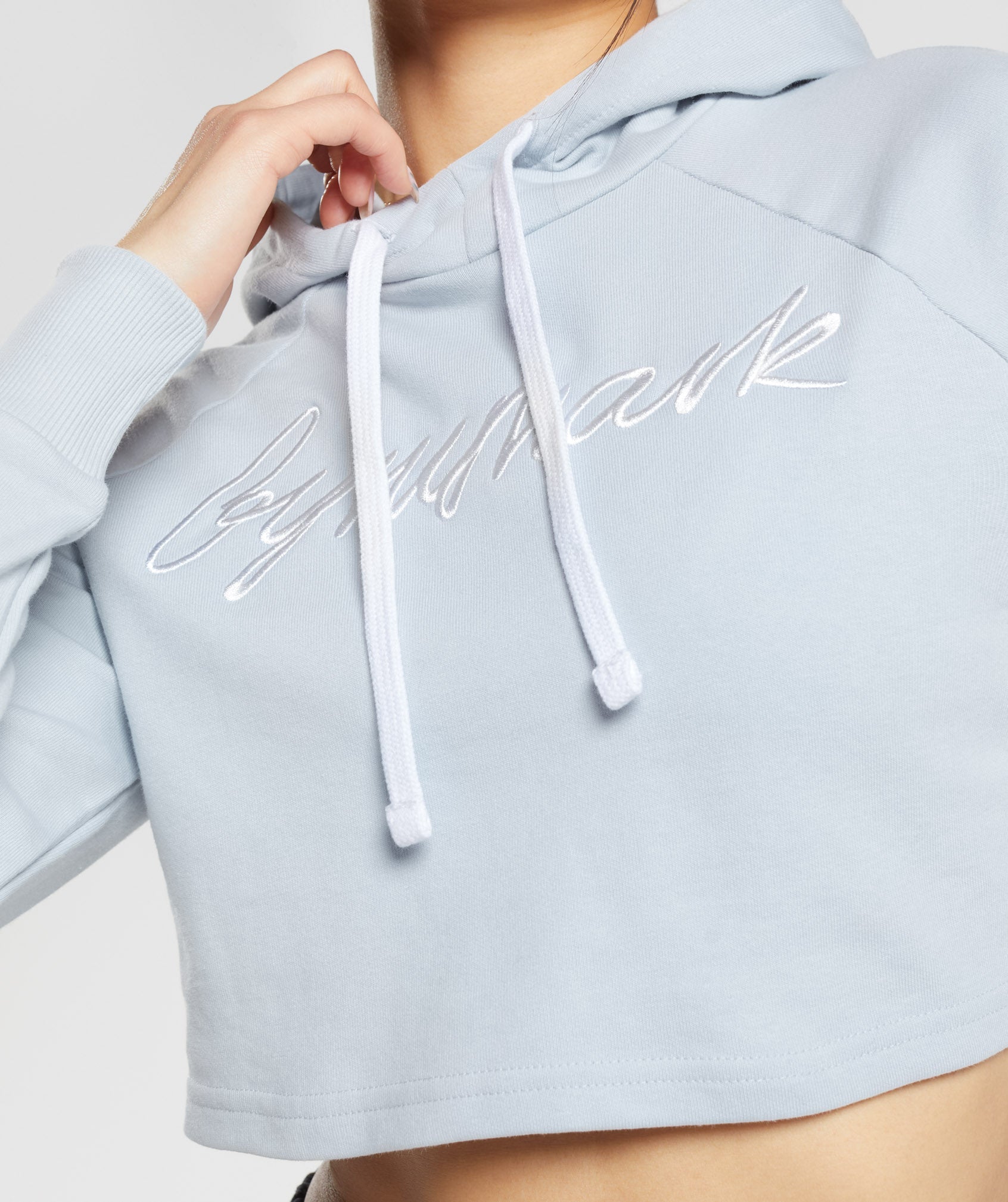 Embroidered Graphic Cropped Hoodie in River Stone Grey