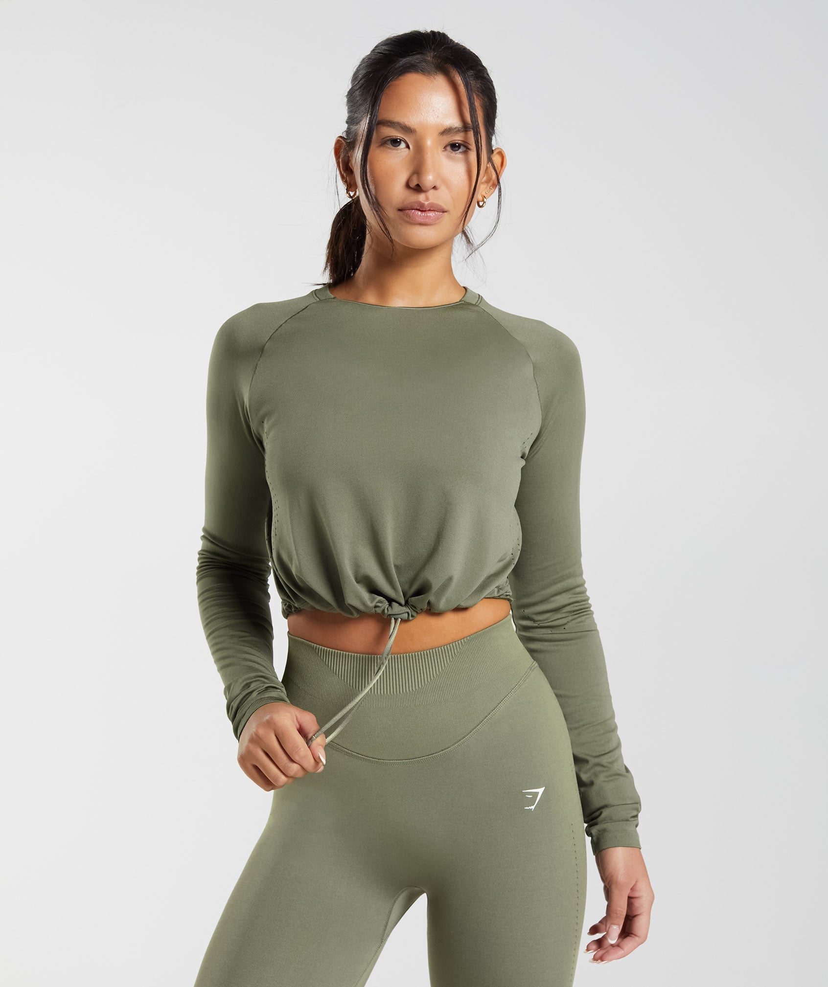 Sweat Seamless Long Sleeve Crop Top in Dusty Olive - view 5