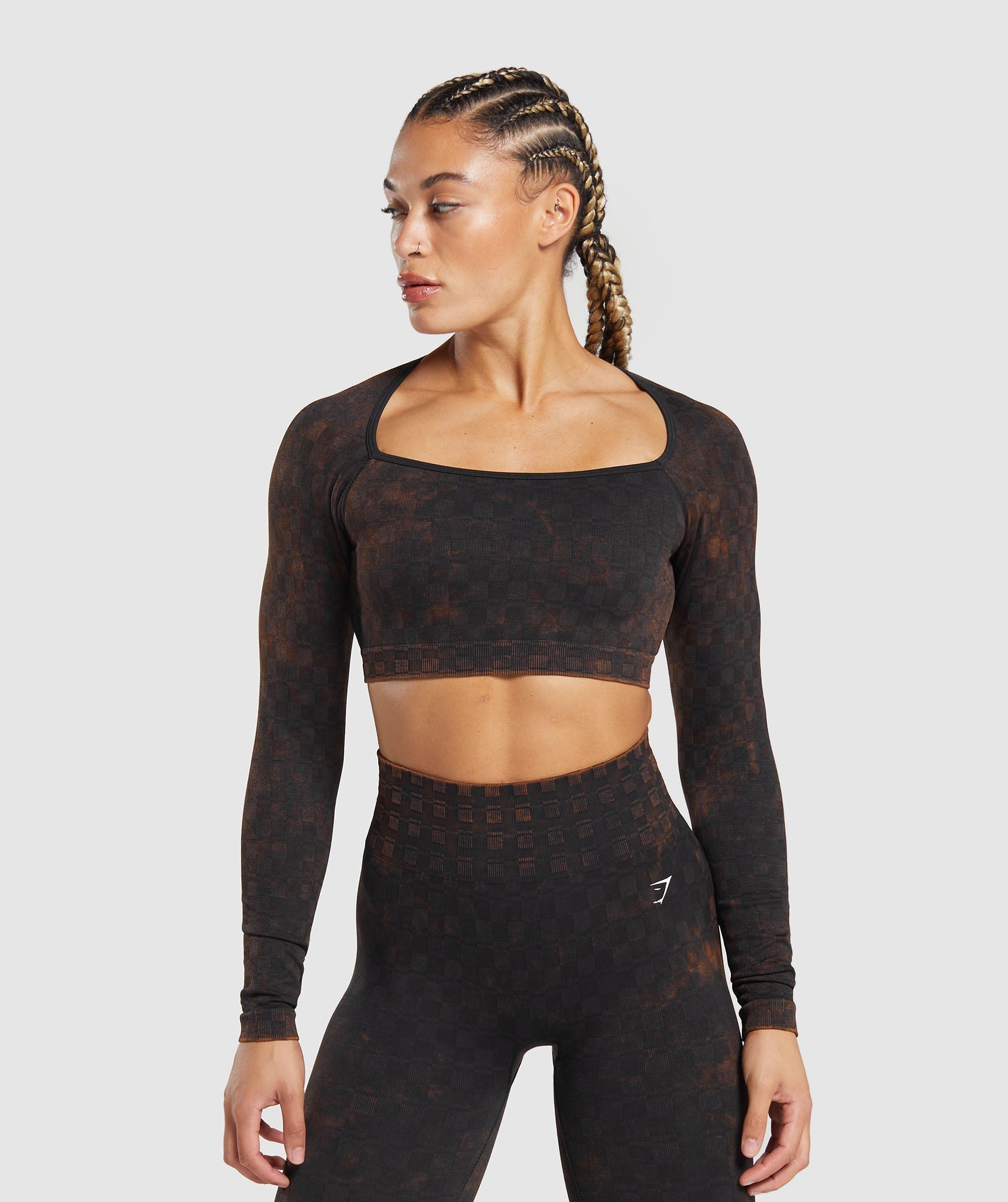 Check Seamless Washed  Long Sleeve Top in Black - view 2