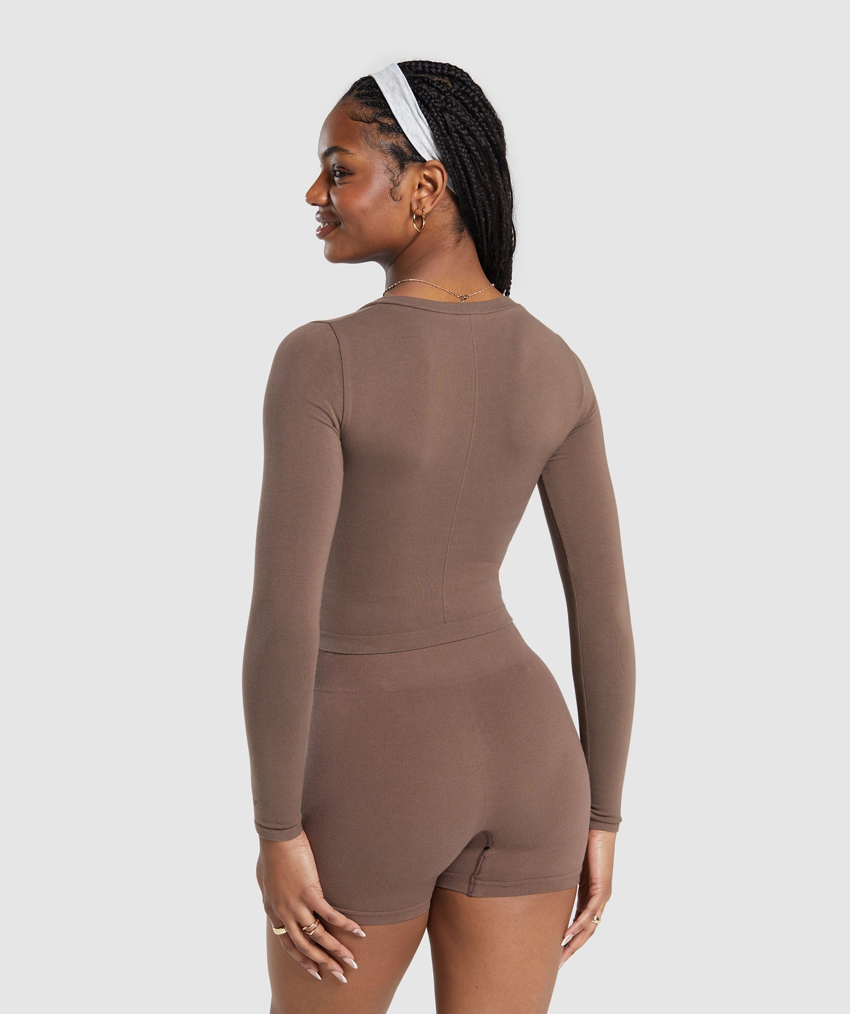 Cotton Seamless Long Sleeve Midi Top in Soft Brown - view 2
