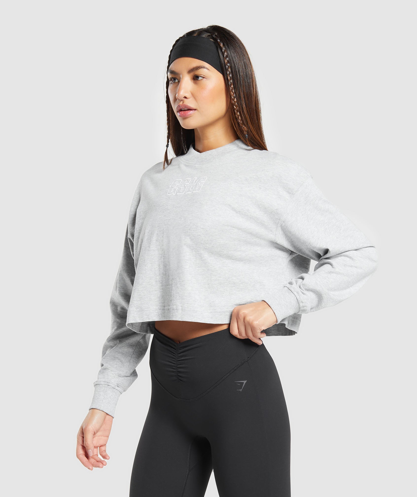 Outline Graphic Oversized Long Sleeve Top in Light Grey Core Marl - view 3
