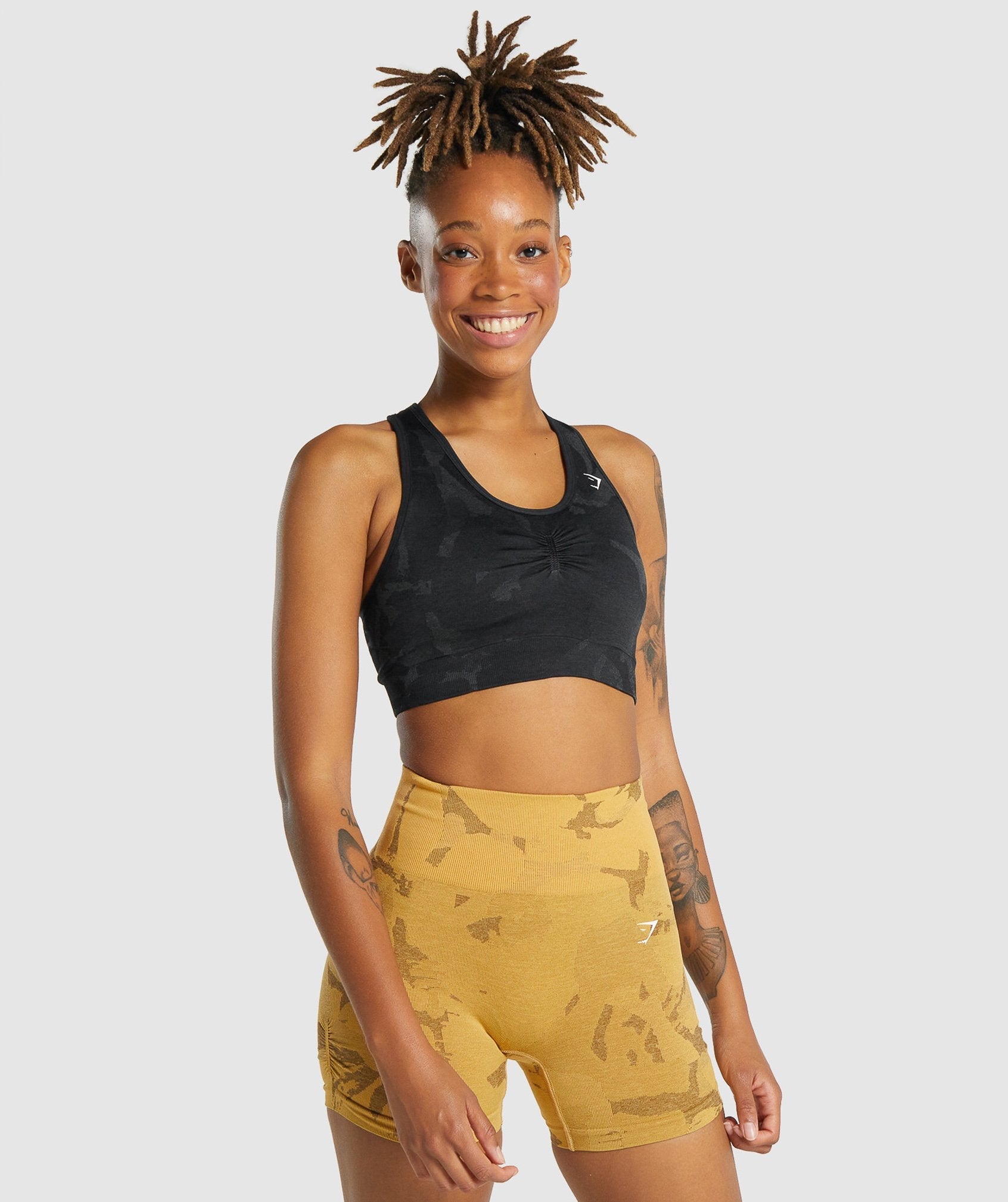 Adapt Camo Seamless Racer Back Sports Bra in Savanna | Black