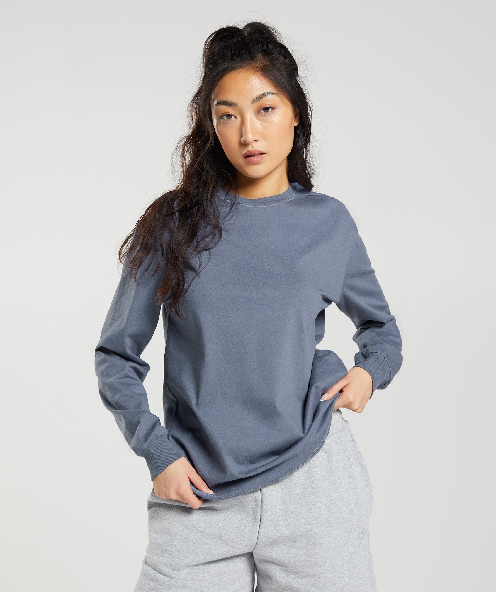 Cotton Oversized Long Sleeve Top in Evening Blue