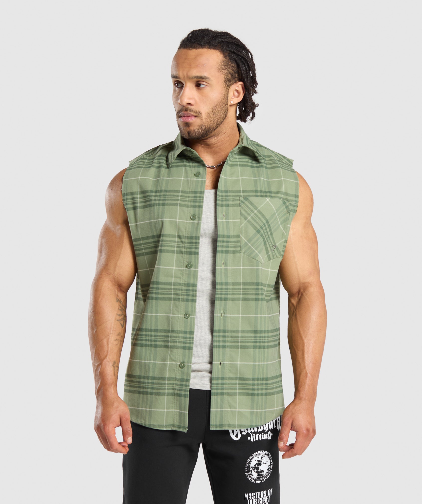 Check Sleeveless Shirt in Natural Sage Green