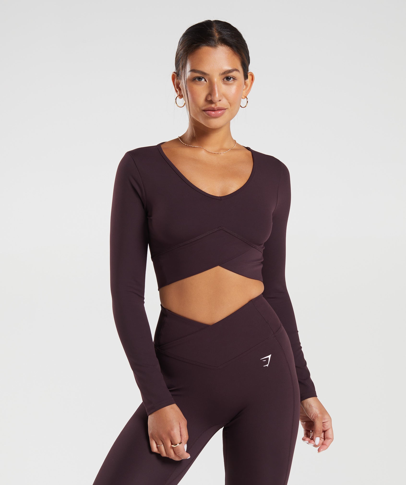 Crossover Long Sleeve Crop Top in Plum Brown - view 1