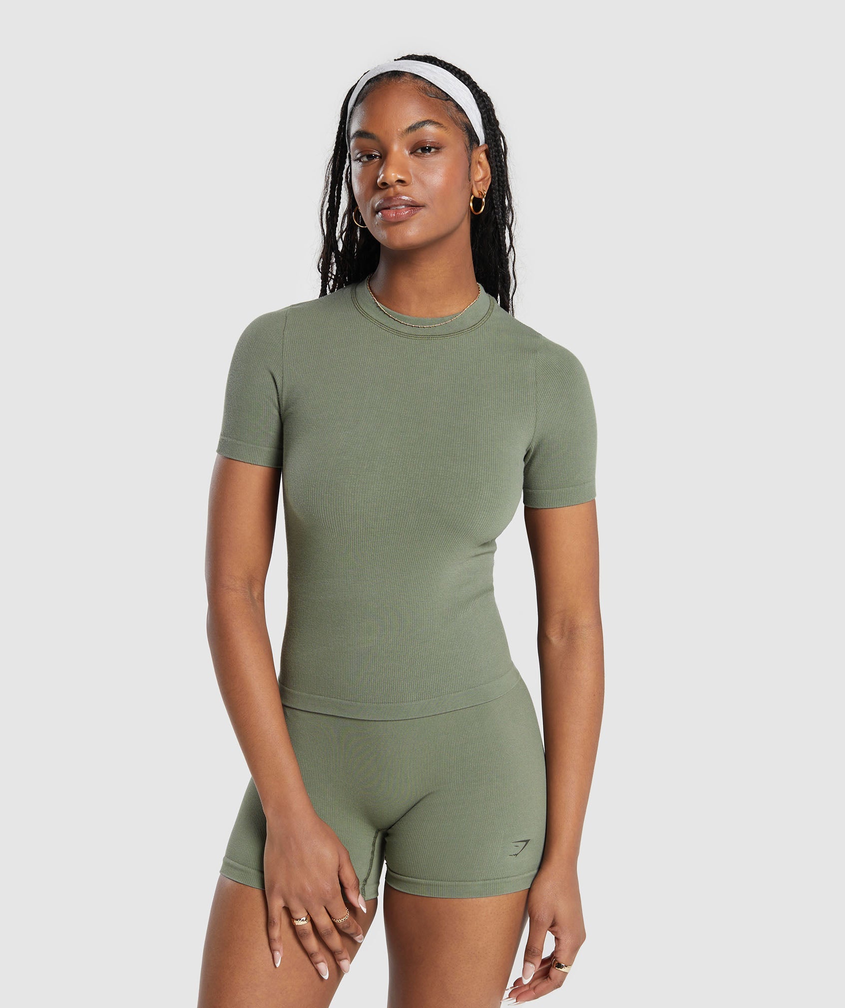 Ribbed Cotton Seamless T-Shirt in Base Green