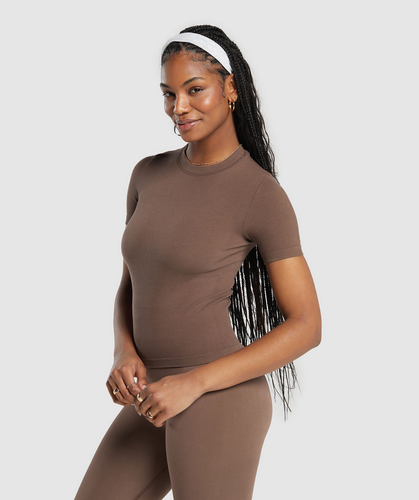Ribbed Cotton Seamless T-Shirt in Soft Brown - view 3