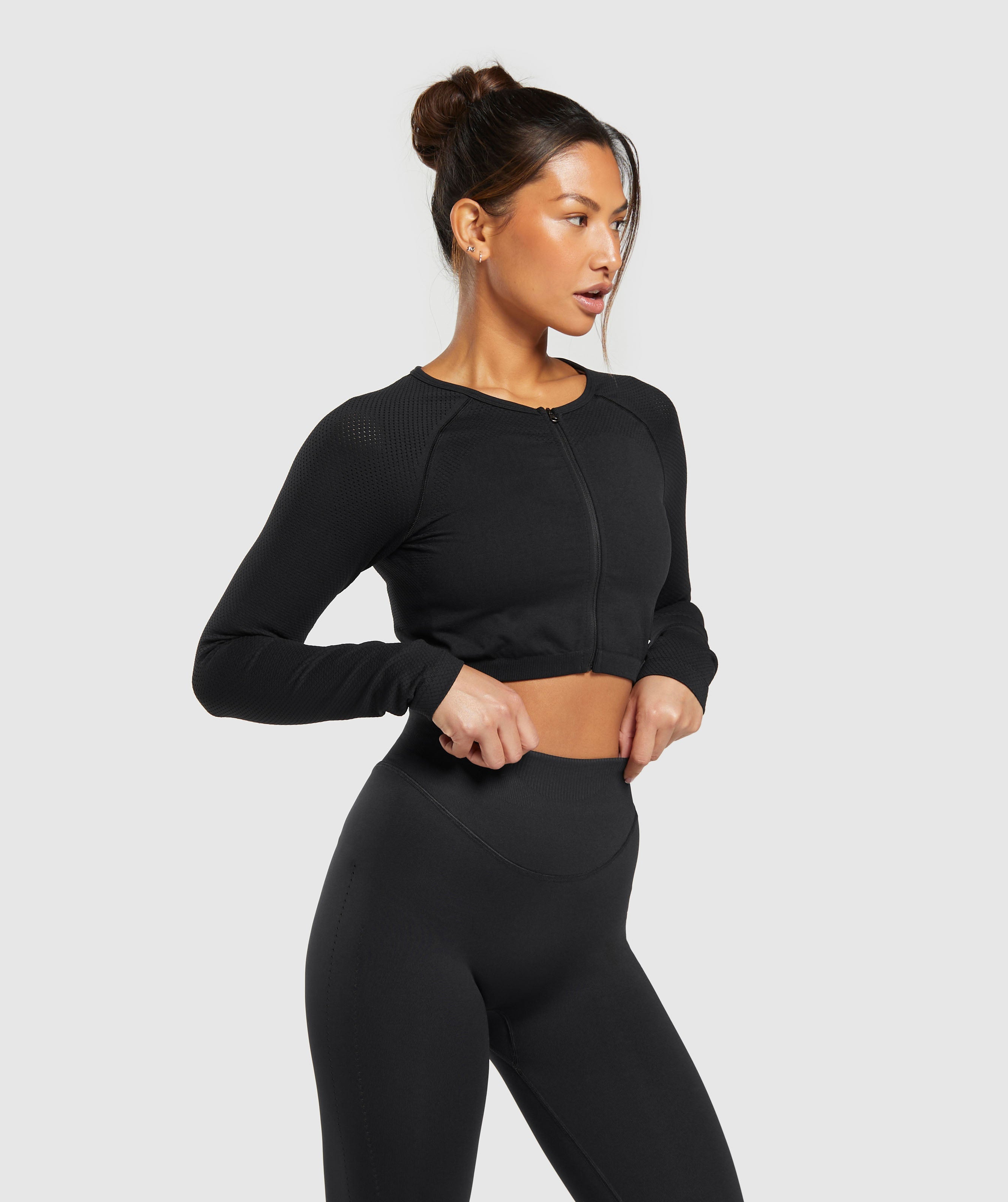 Sweat Seamless Long Sleeve Zip Crop Top in Black - view 3