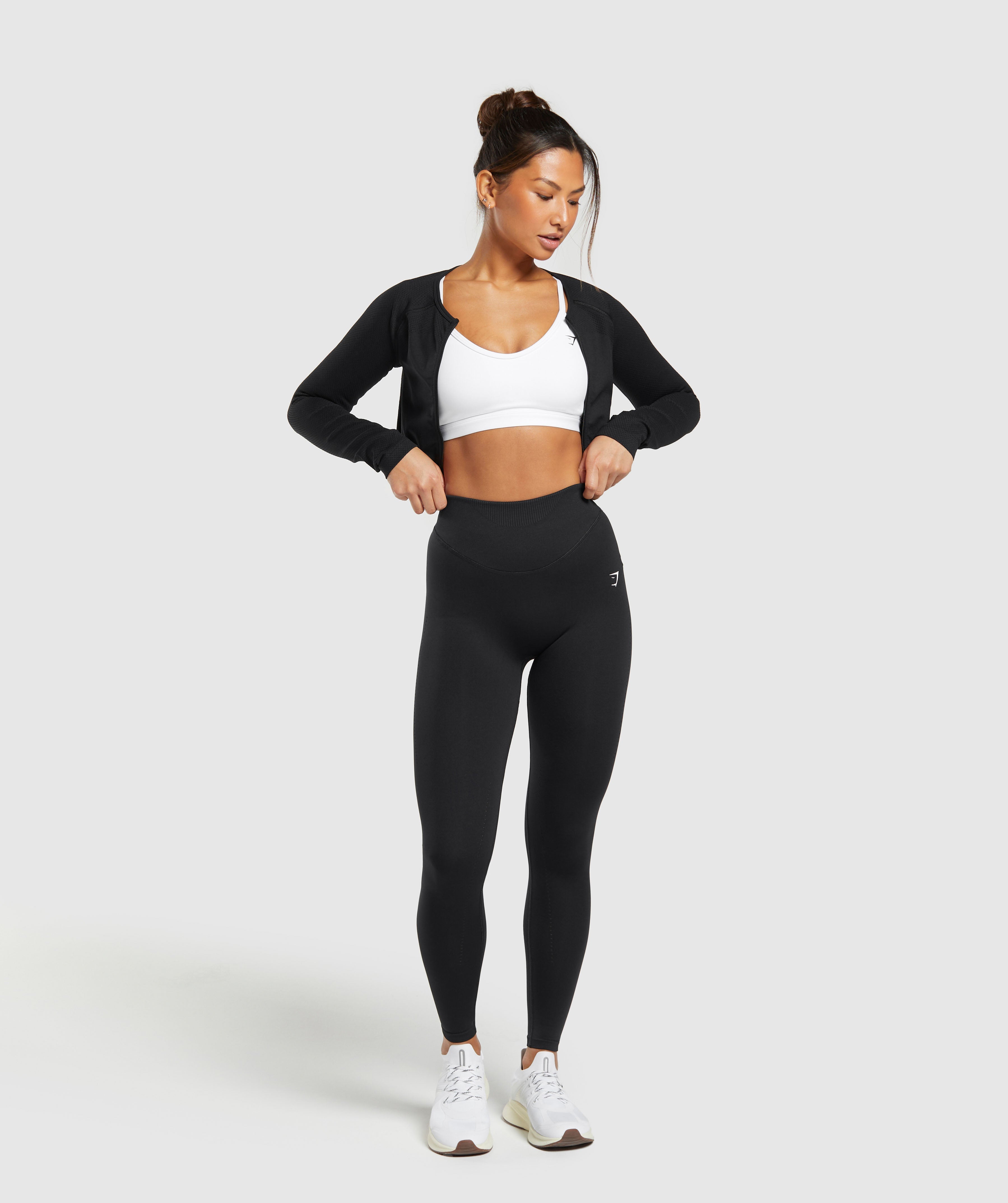 Sweat Seamless Long Sleeve Zip Crop Top in Black - view 4