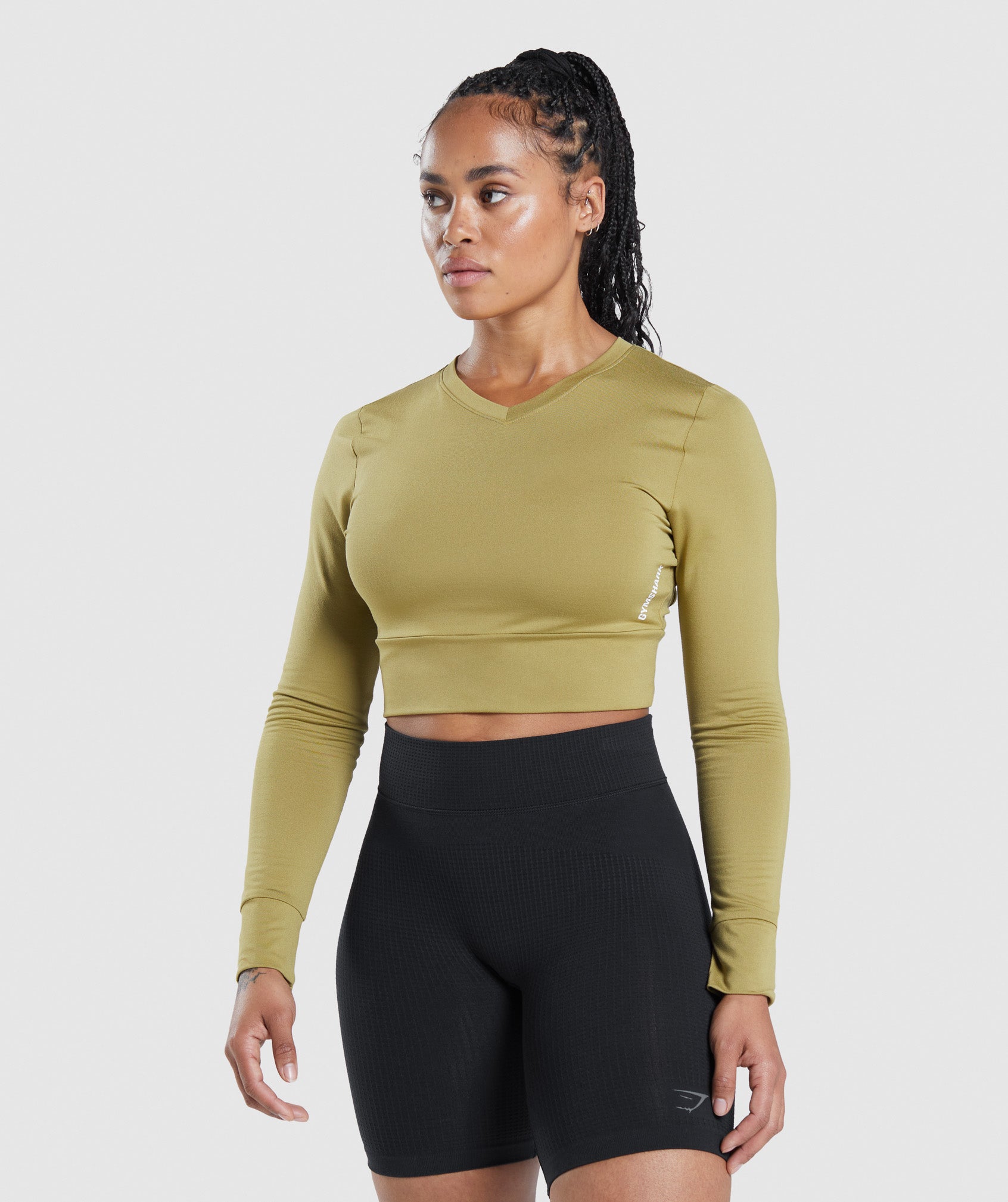 Pause Open Back Long Sleeve Crop Top in Griffin Green