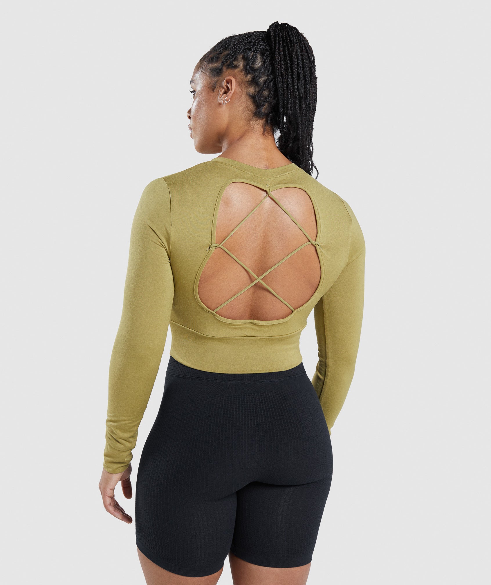 Pause Open Back Long Sleeve Crop Top in Griffin Green