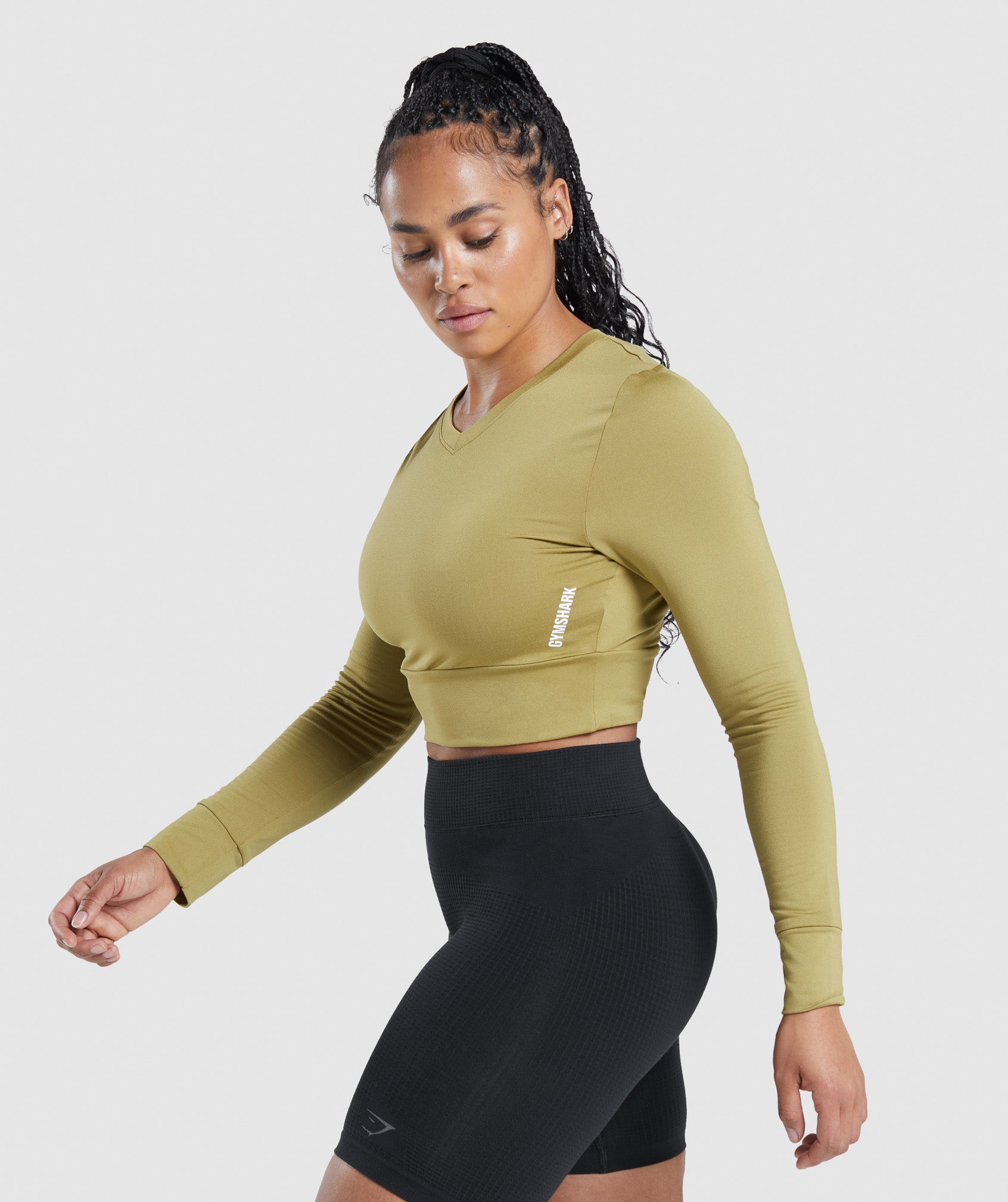 Pause Open Back Long Sleeve Crop Top in Griffin Green