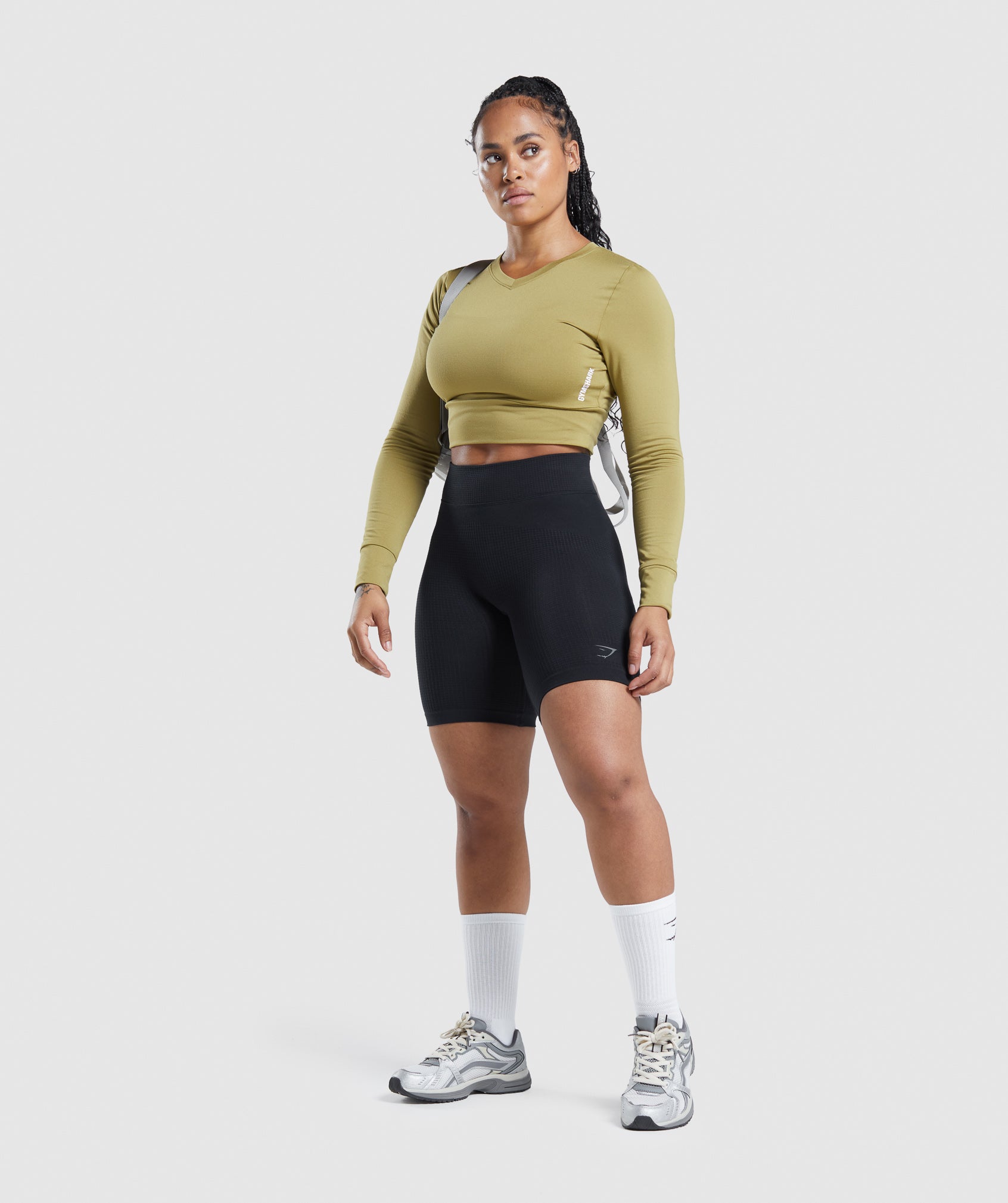 Pause Open Back Long Sleeve Crop Top in Griffin Green