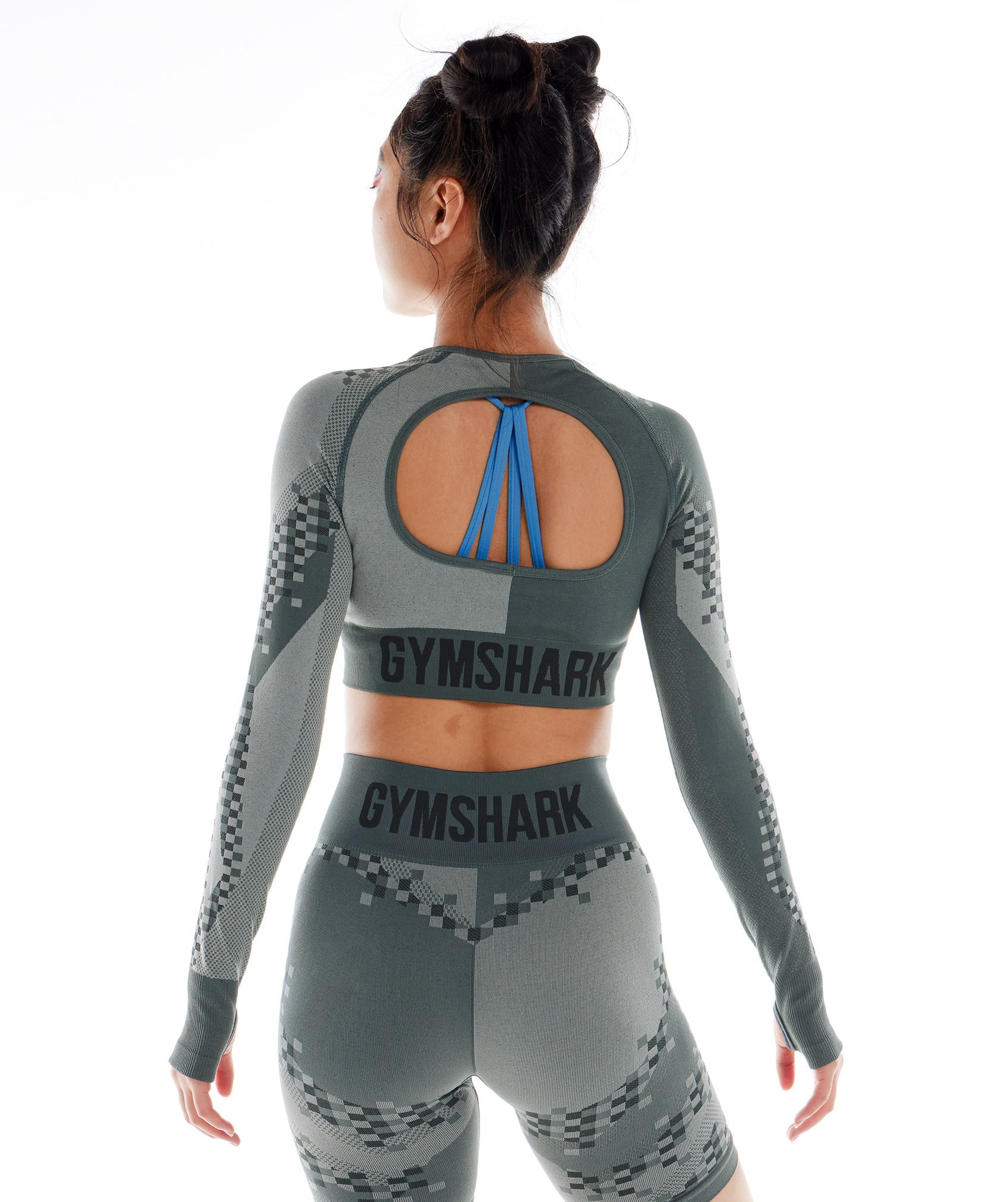 Wtflex Cyborg Seamless Long Sleeve Crop Top in Charcoal Grey/Black/Light Grey - view 2