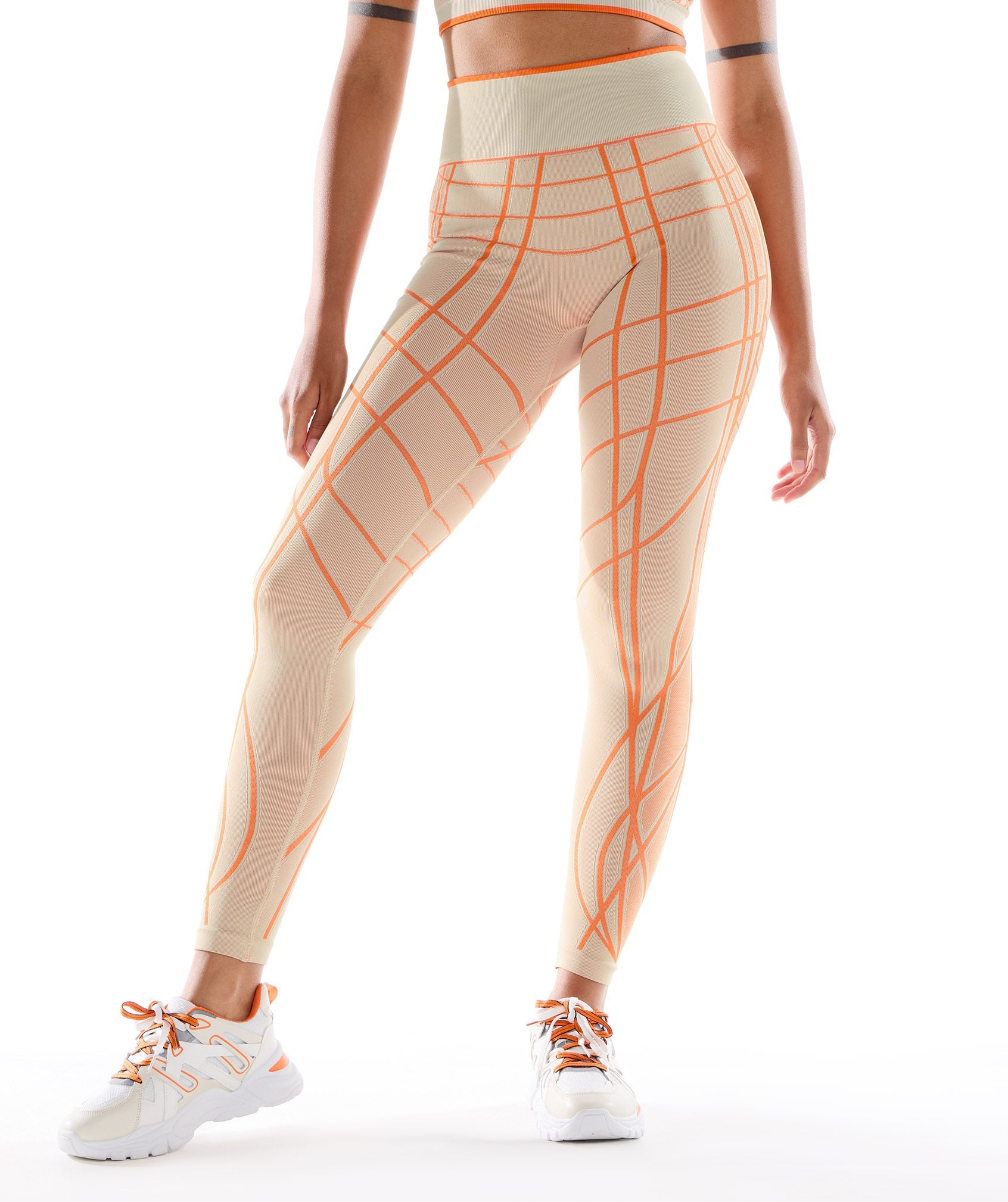 Wtflex Linear Seamless Leggings in Pebble Grey/Orange/Coconut White
