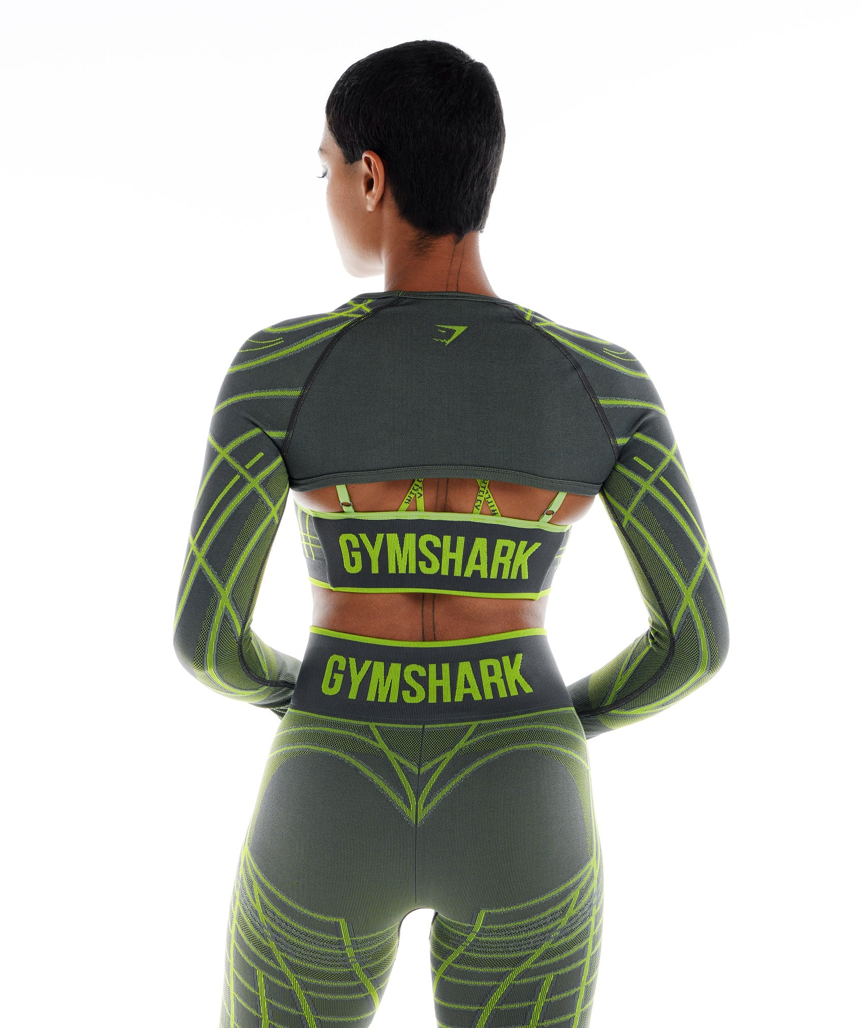 Wtflex Linear Seamless Long Sleeve Shrug in  Charcoal Grey/Fluo Green/Light Grey - view 2