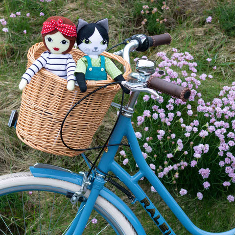 Tilly and Puffin in the bicycle basket