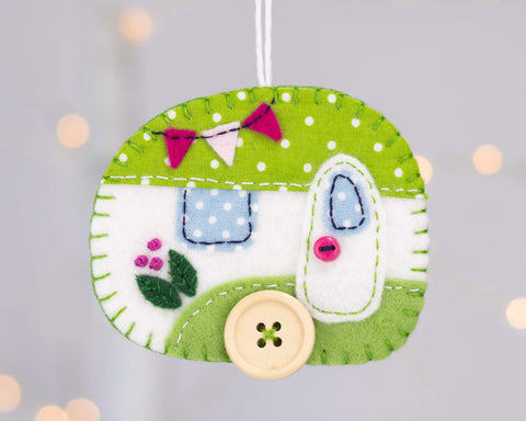Felt camper ornament in green and white