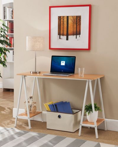 White With Natural Home Office Desk Table With Side Shelves