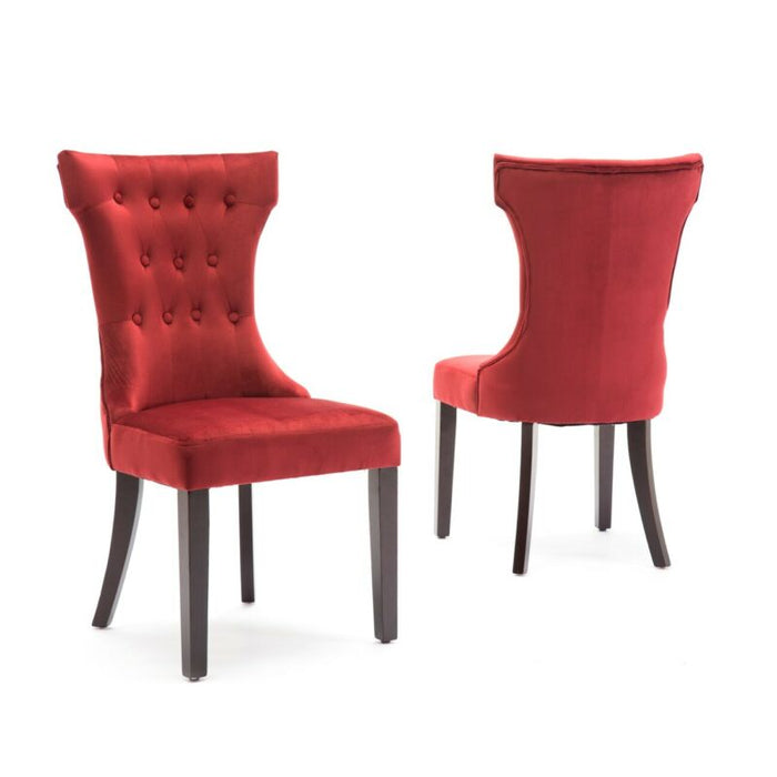 Set of (2) Red Dining Chairs Elegant Button Armless Kitchen Room w/ Wooden Legs