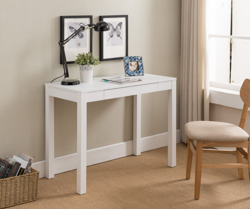 White Finish Wood Single Drawer Parsons Desk Toyzor