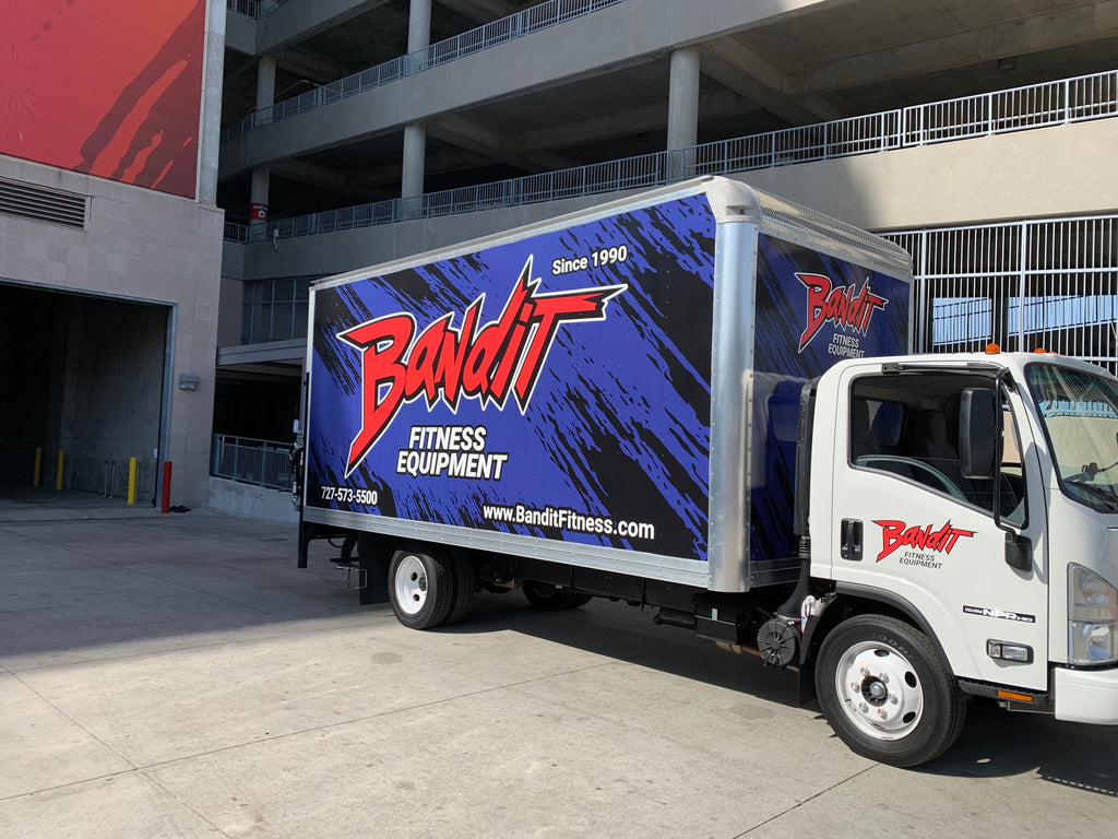 Bandit Fitness Delivery Truck outside of the loading area of Raymond James Stadium for Super Bowl LV