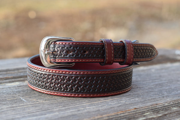 Floral Tooled Leather Belt - TwoTone Brown Leaf Pattern – DG Saddlery Store