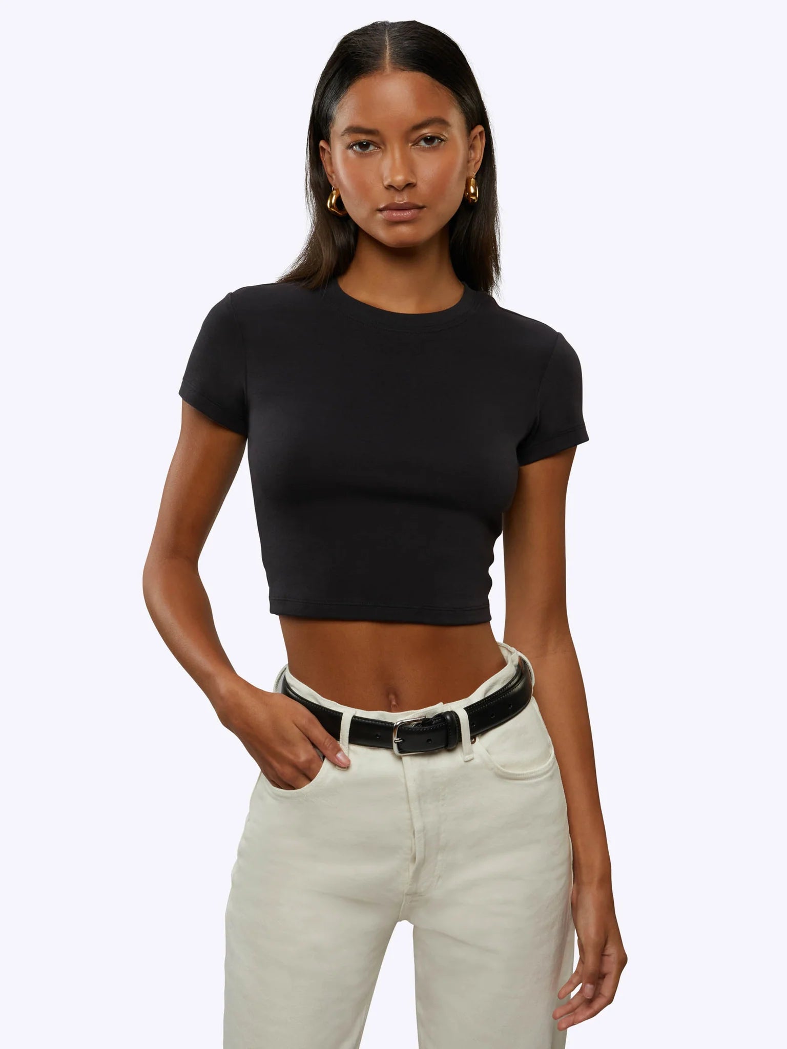Black Cropped tee shirt on model 