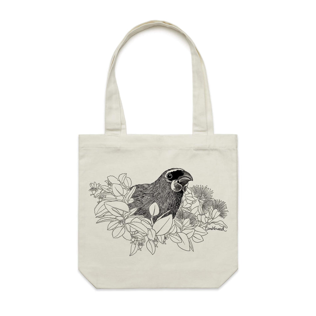 Cotton canvas tote bag with a screen printed Kōkako design.