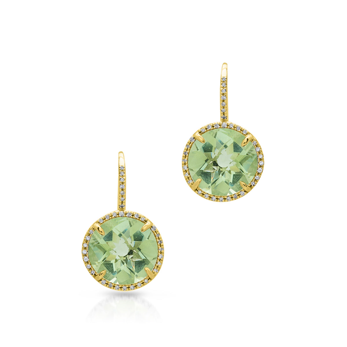14KT Yellow Gold Green Amethyst Diamond Round Earrings - Anne Sisteron