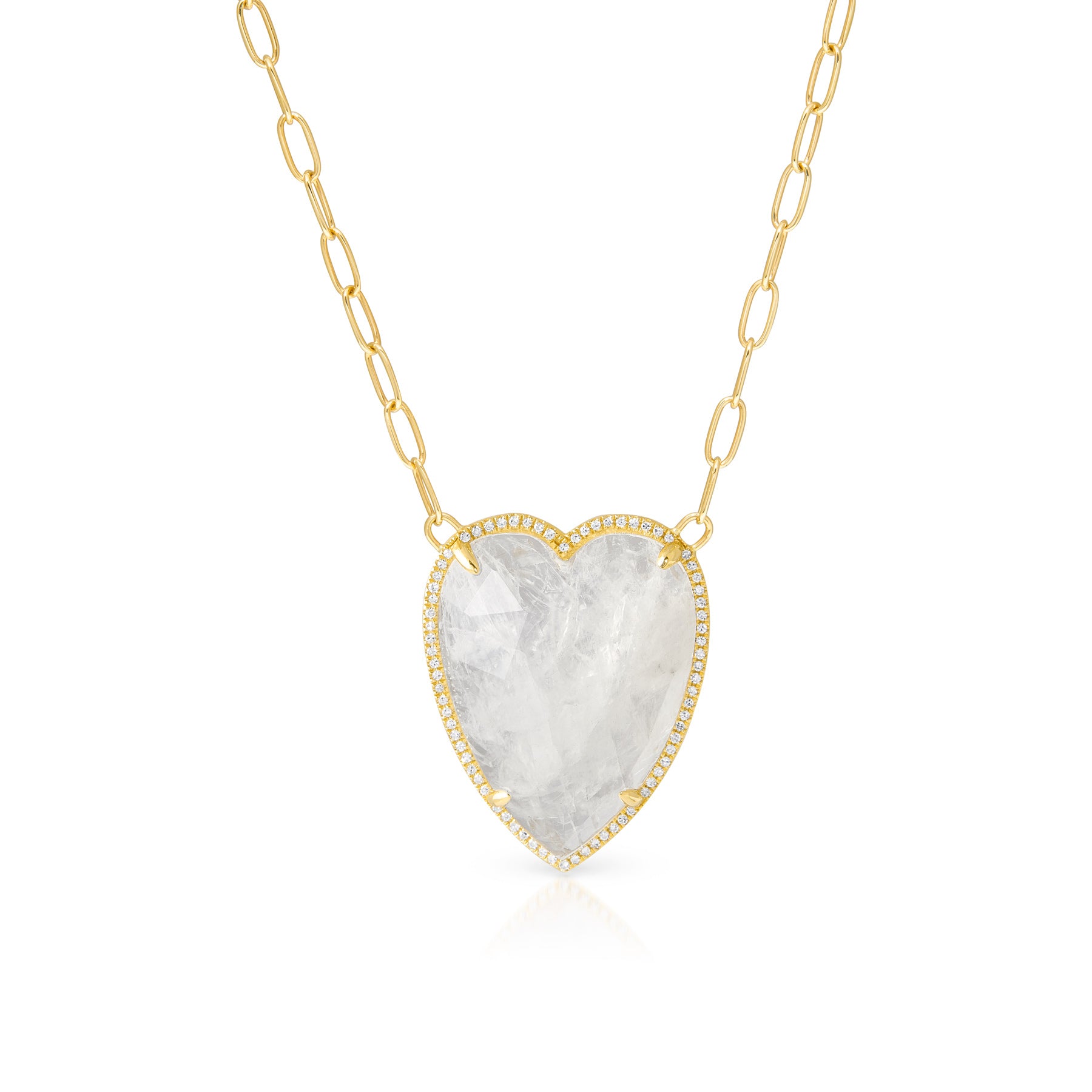 14KT Yellow Gold Moonstone Diamond Heart Chain Link Necklace