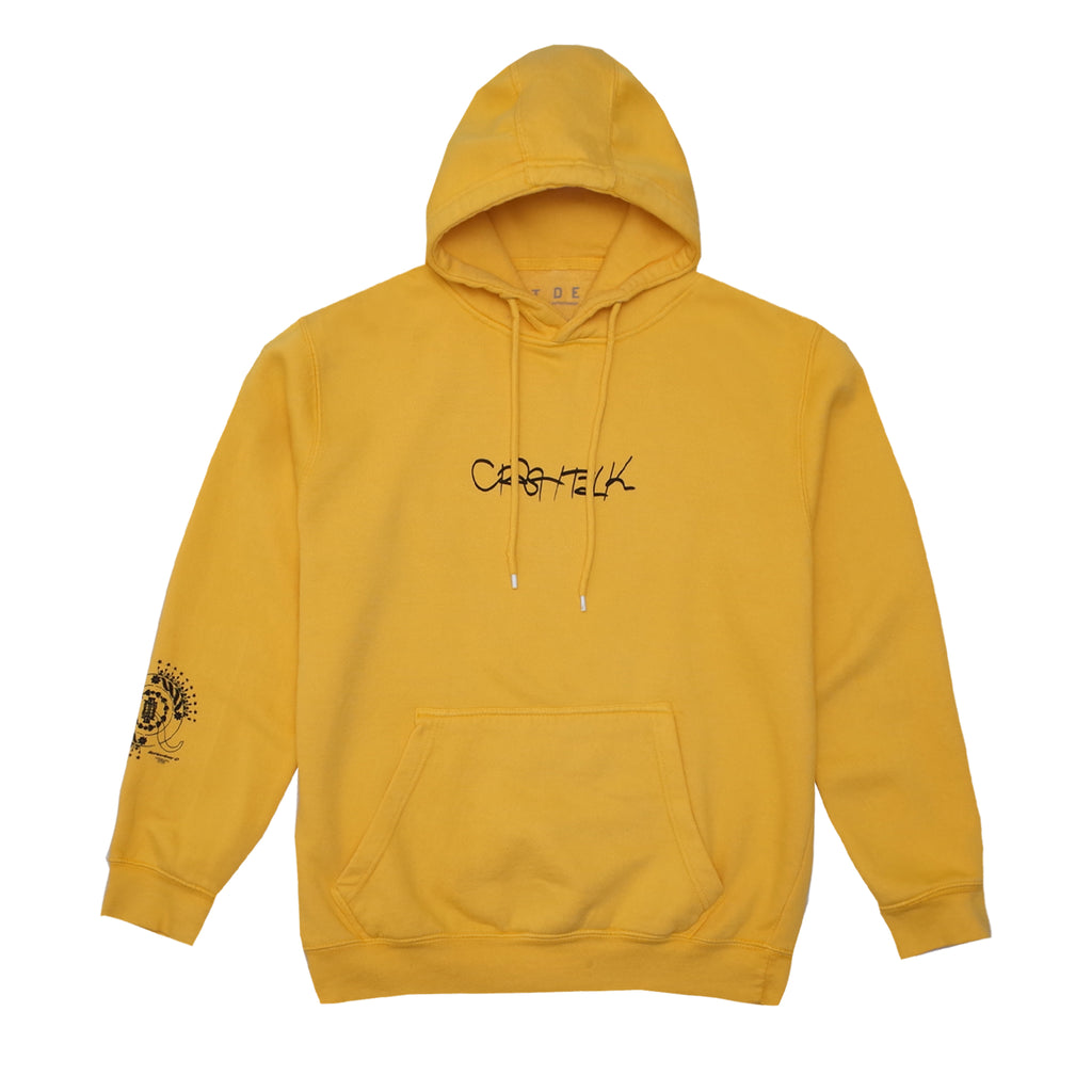 a yellow hoodie