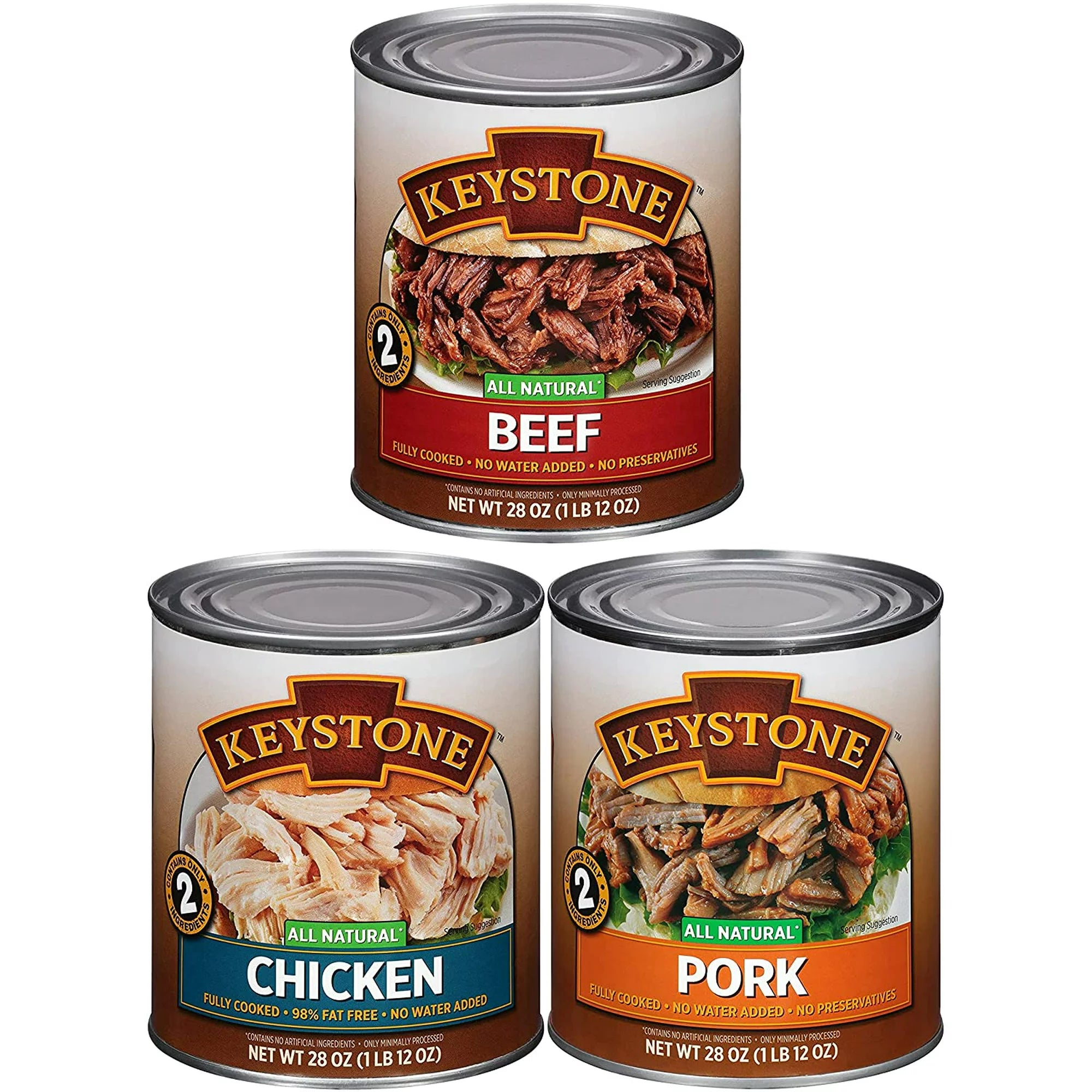 Keystone All-Natural Meats (Beef, Chicken, Pork) 28oz Cans (6-Pack) | Emergency Food, Camping, Prepping