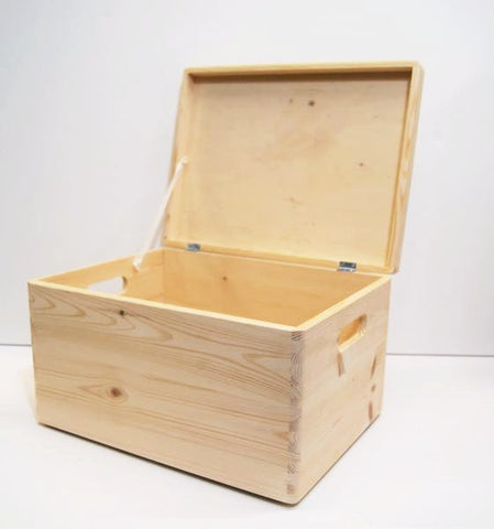 large wooden box with hinged lid