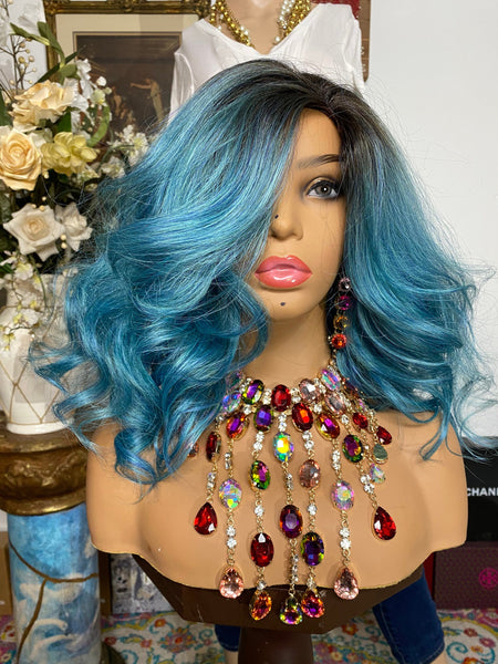 MERMAID TURQUOISE blue 4x4 long bob lace front wig 12” long + Undetectable hairline + Lots of Volume and Curls 1-18