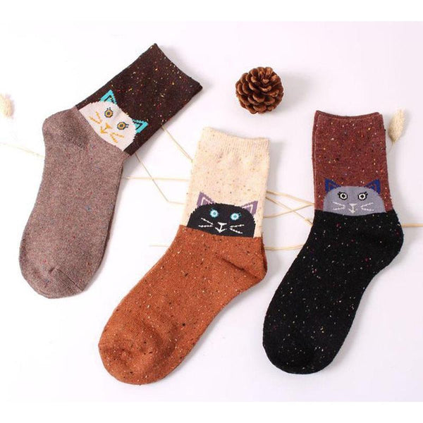 3 Pair Of Cute Warm Vintage Cat Socks - Unisex + Unisize - FreakyPet