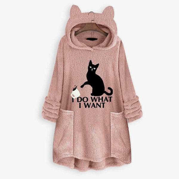 I D0 WH4T I W4NT Fluffy Fleece Oversize Hoodie With Cat Ears - FreakyPet