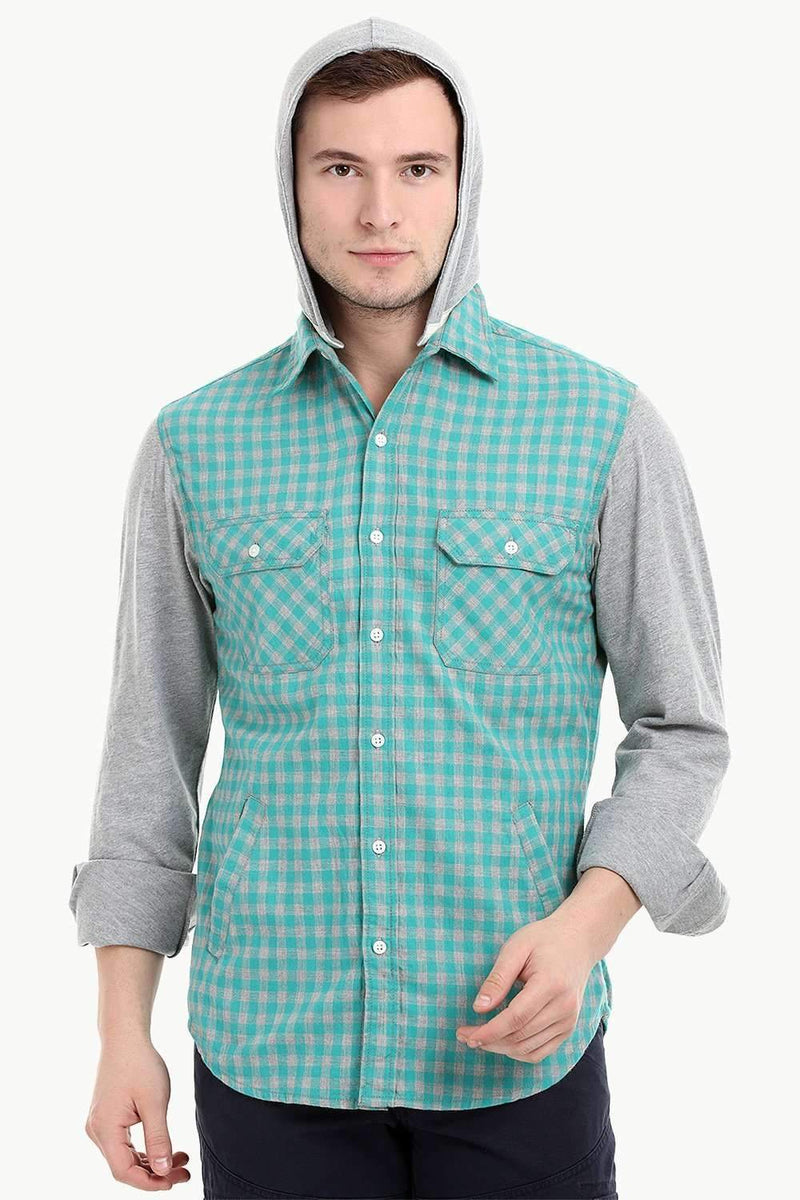 men gingham hooded shirt