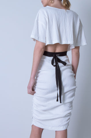 10 Spring Australian Fashion Styles That Embody Playful Minimalism - OSKAR wrap around cotton tee and matching midi stretch skirt