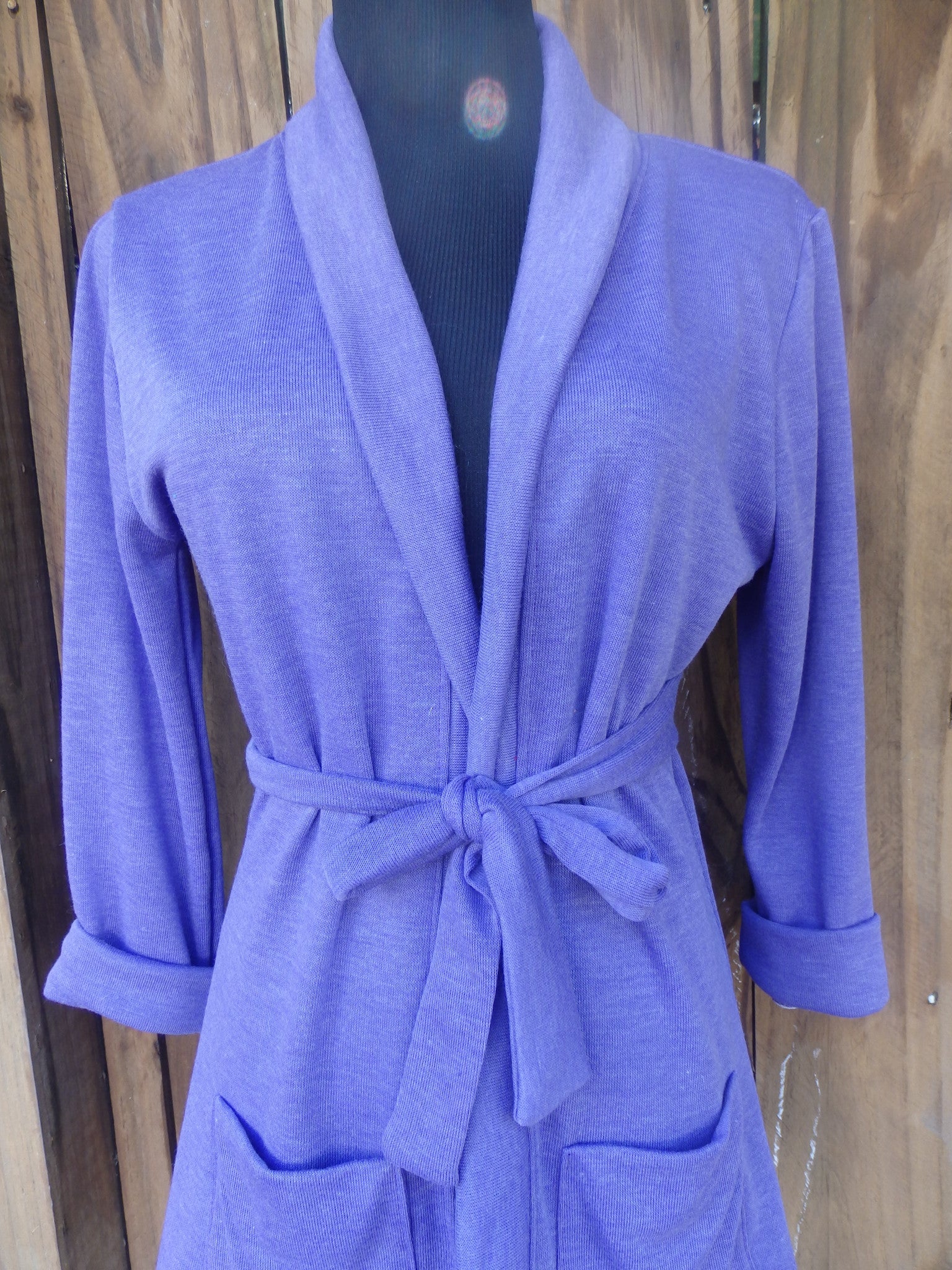 Lilac Purple Shawl Collar Sweater Wrap Cardigan with 3 Quarter Sleeves –  HEATHER DZUBINSKI