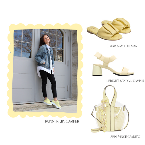 PASTEL YELLOW SNEAKERS, PASTEL YELLOW RUCHED SLIDE SANDALS, PASTEL YELLOW SANDALS WITH BLOCK HEEL, PASTEL YELLOW HANDBAG