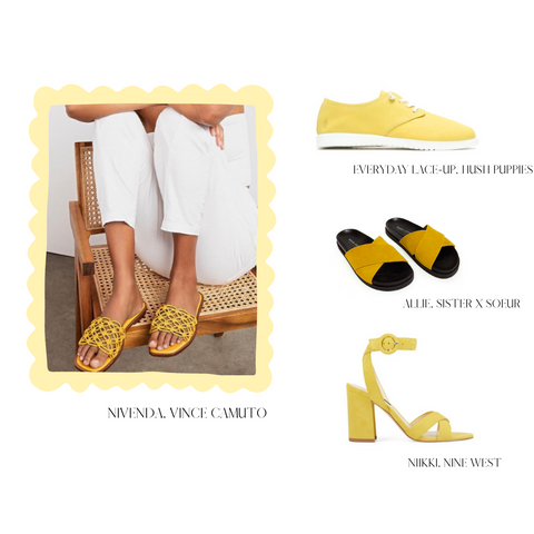 BRIGHT YELLOW KNOTTED SANDALS, BRIGHT YELLOW SNEAKERS, BRIGHT YELLOW SLIDE SANDALS, BRIGHT YELLOW SANDALS WITH BLOCK HEEL