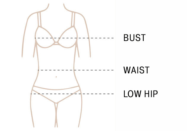 Drawing of body with bust, waist and low hip measurement guidlines
