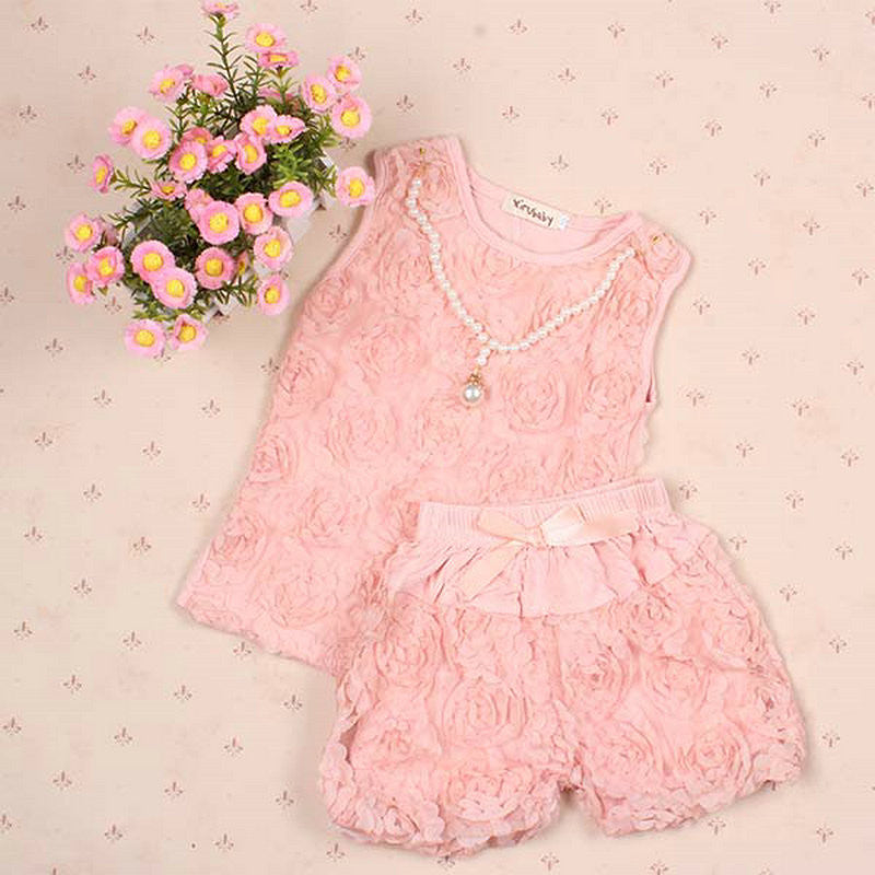 2 Pieces/set Kids Girls Clothes Sets Rose Flower Top Shirt + Bloomer Short Pants + Pearl Necklace Ou